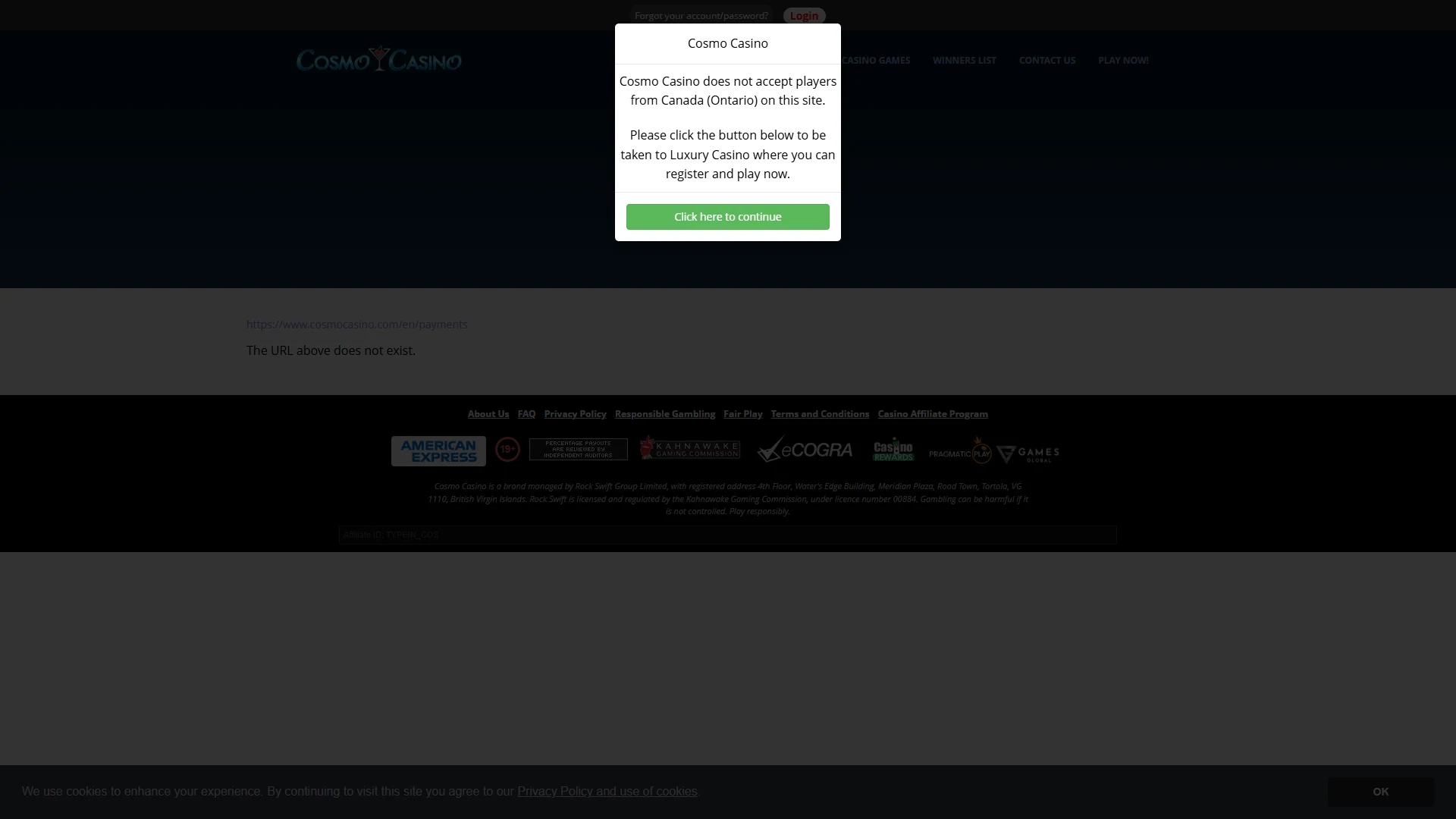 Cosmo Casino cashier: deposit and withdrawal options